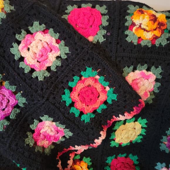 Granny Square Crochet Afghan Flower Rose Colorful Throw Black Multicolor 56X 64 - Picture 3 of 5